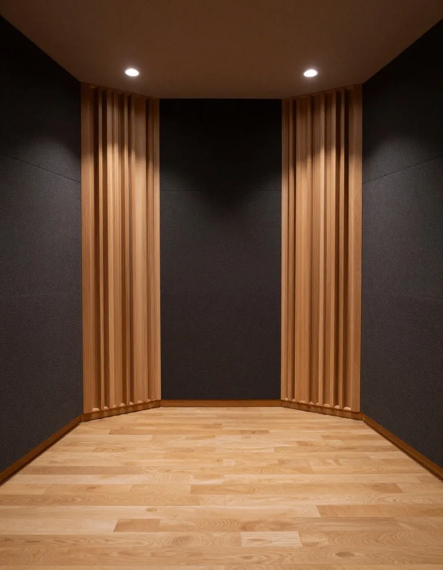 Detalle de paneles acústicos y difusores de madera en el estudio Foro de Expertos Pro