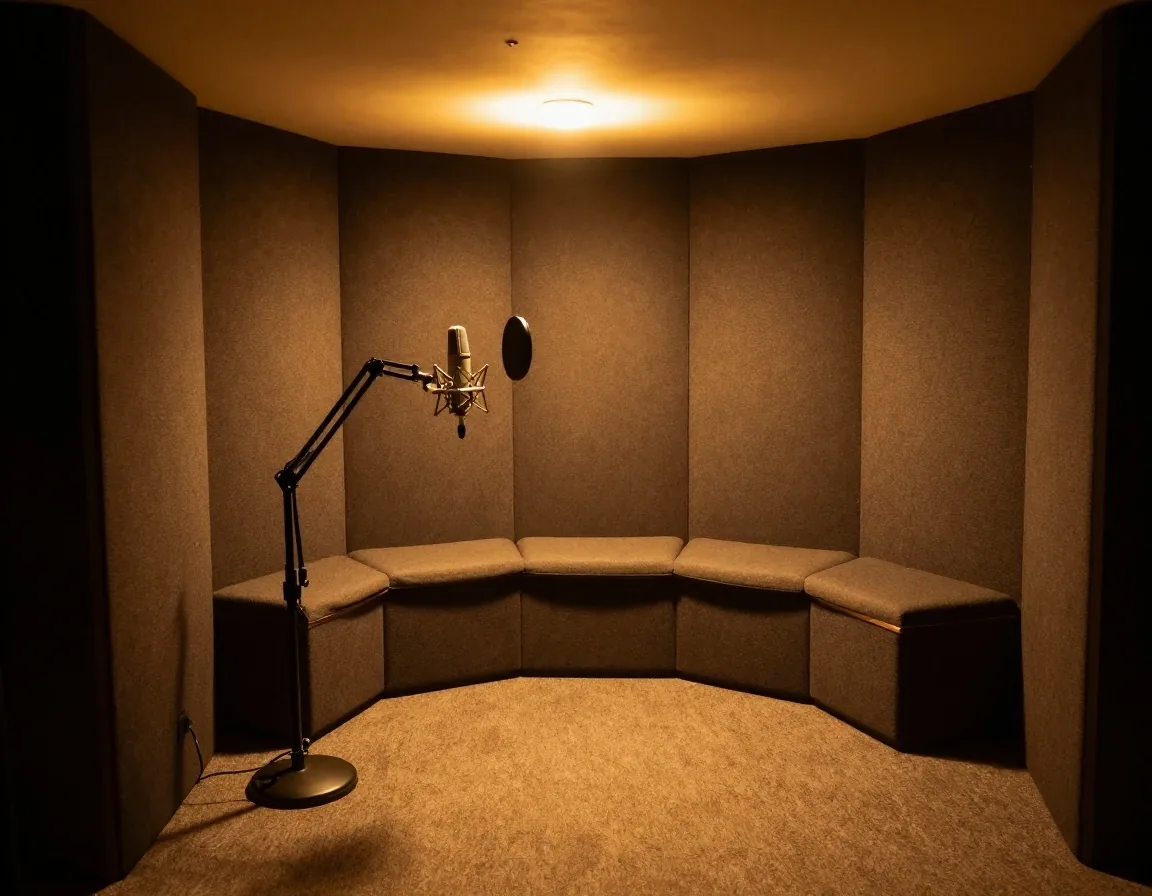 Micrófono dinámico de radiodifusión en cabina de grabación tratada