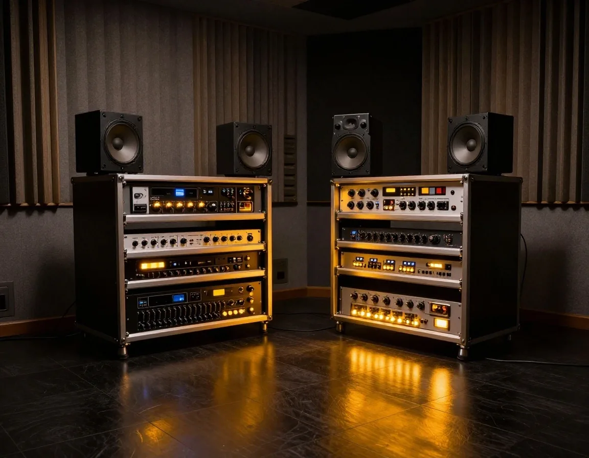Medidores analógicos y unidad de compresión en estudio de sonido